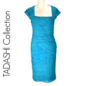 TADASHI Teal Waves Silk Cap Sleeve Cocktail Dress